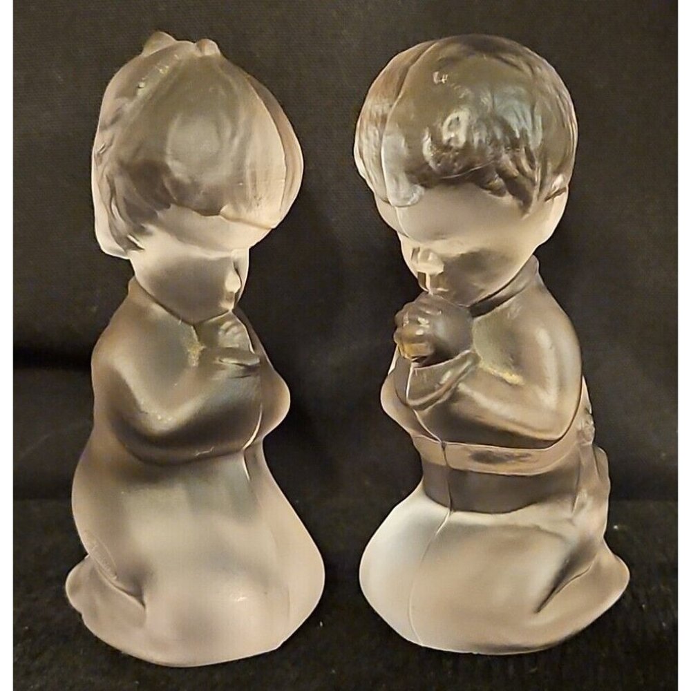 Vintage Fenton Praying Girl and Boy Pair Frosted Glass Figurine Lot Clear - Picture 1 of 13